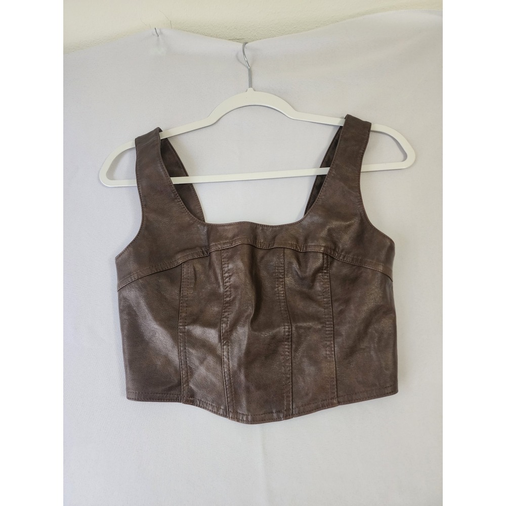 Madden NYC Brown Faux Leather Corset Top Square Neck Cropped Tank NT564A22C XS